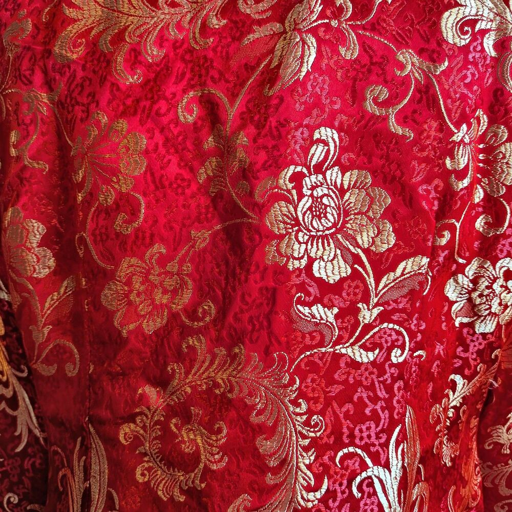Huamei Red Brocade Jacket Traditional Chinese Gold Frog Closure Size 15 - Picture 10 of 15